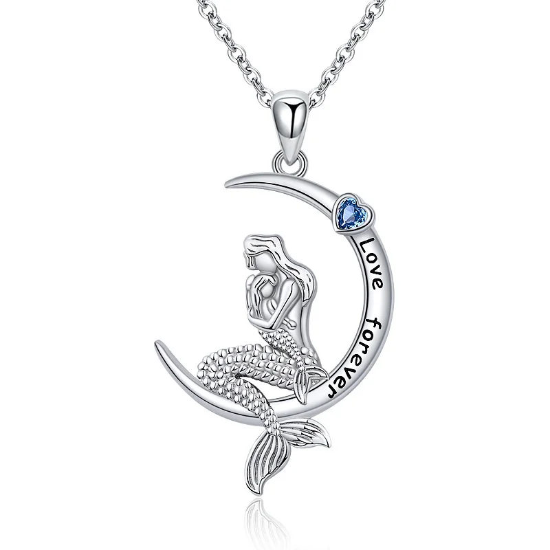 

925 Sterling Silver Classic Sea Mermaid Crescent Moon Necklace Pendant Valentine's Gifts Jewelry for Girls Women Daughter Gift
