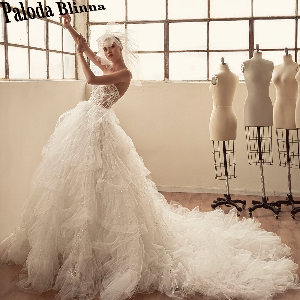 

Paloda Modern Sweetheart Ruched Wedding Dresses 2023 Bride Appliques Lace Sleeveless Bling Tulle Backless Sweep Train A-LINE