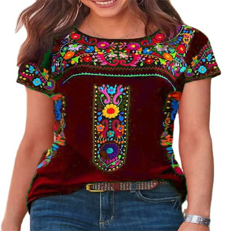 2022 Petty And Cheap Women's Blouses  Summer Newmesh Top Top Bohemian Print Round Neck Short Sleeve T-Shirt Women's