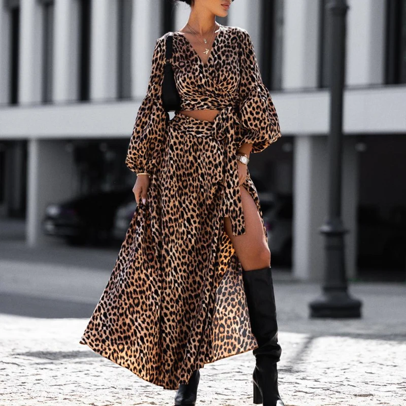 

Casual V-neck High-waist Dress Women Vintage Leopard Loose Dress Fashion Floral Print Lantern Sleeve Lady Long Dress Robe 26347
