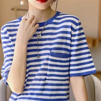 2022 summer new knitted striped short sleeved t shirt womens round neck slim wool bottoming shirt top
