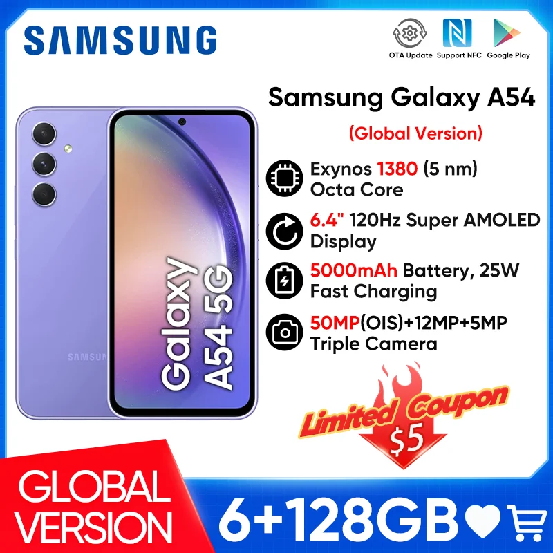 100% Original Samsung Galaxy A54 5G Smartphone Exynos 1380 6.4