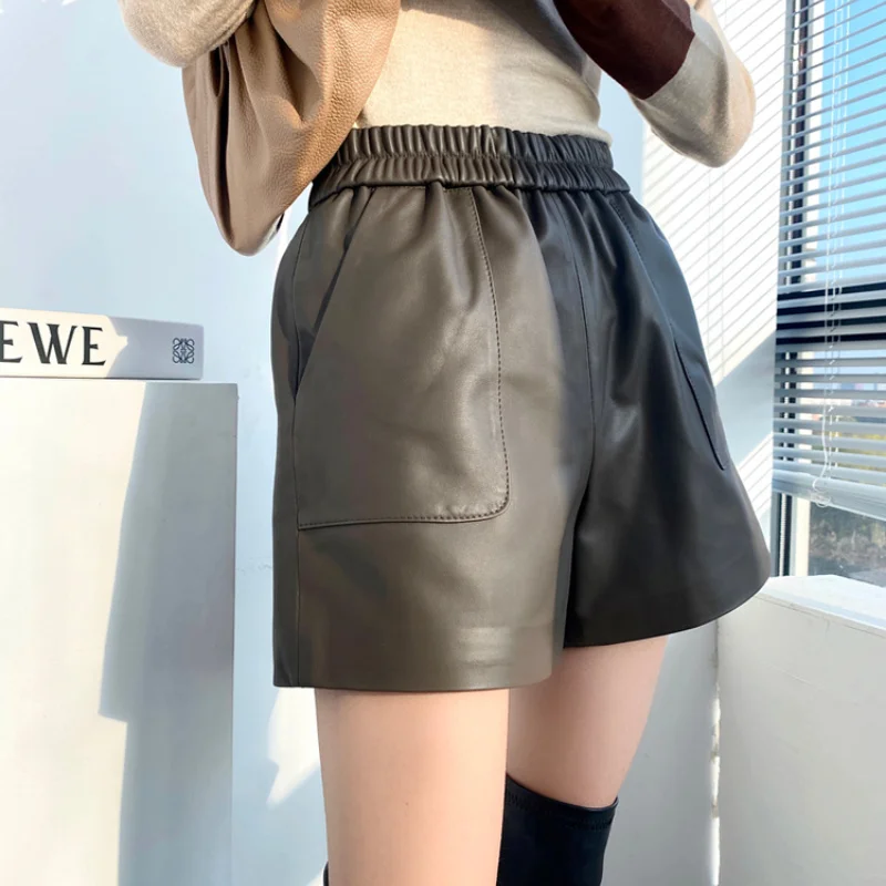 Leather Shorts Women's Spring Genuine New Wide-leg Shorts Women's High Waist Outer Wear Loose Thin Leather Boots Pants