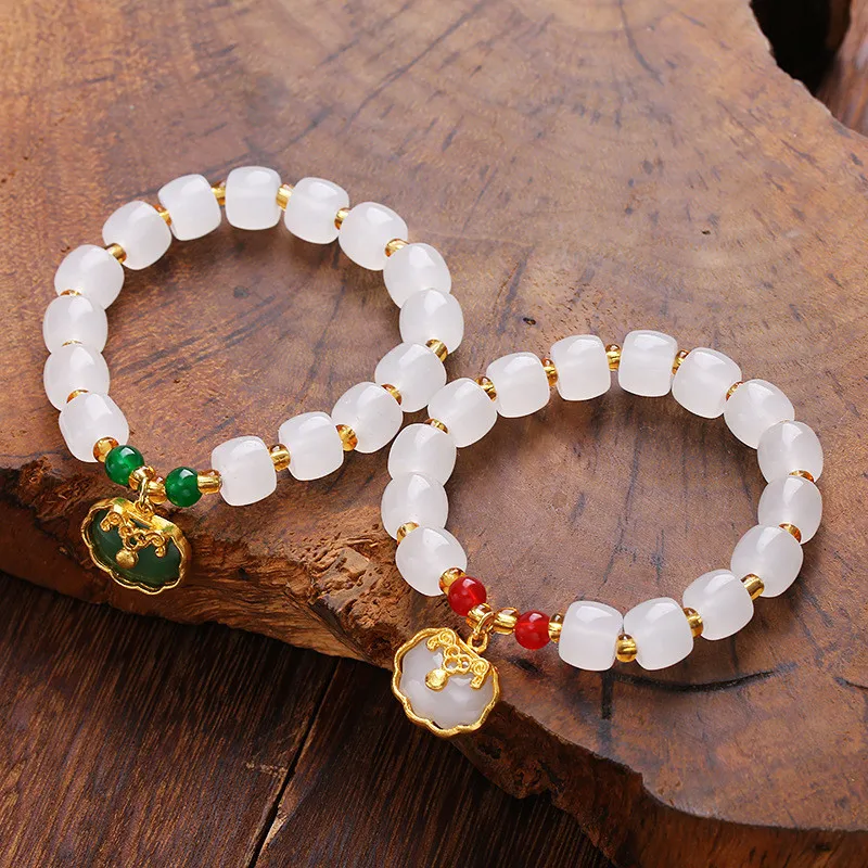 

Chinese Style Imitation White Jade Safe Wishful Lock Bracelet for Women Fashion Beaded Bracelets&Bangle Adjustable Jewelry Gifts