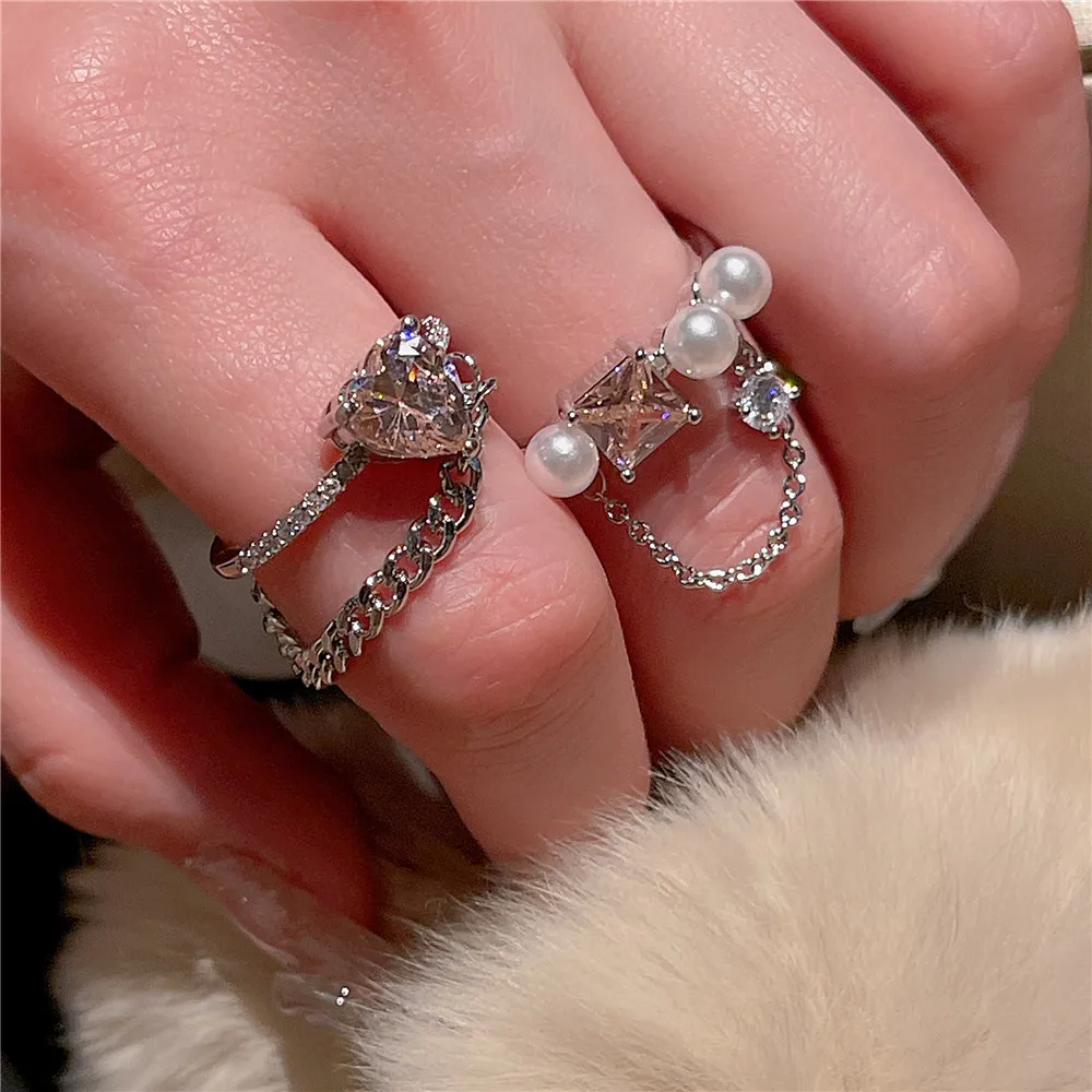 

Ins New Simple Heart Square Shape Silver Color Open Zircon Pink Ring Premium Chain Hip-hop Jewelry for Women Party Accessories