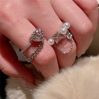 ins new simple heart square shape silver color open zircon pink ring premium chain hip hop jewelry for women party accessories