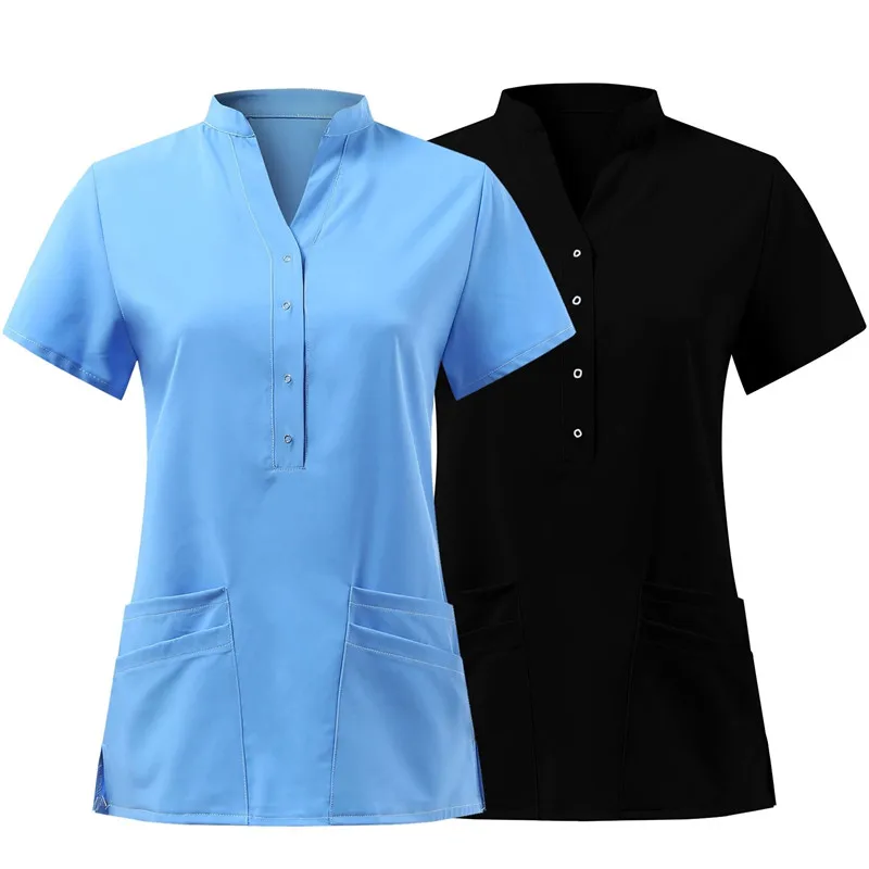 

Working Nurse Uniform Tops Short Sleeve Summer V-neck Button Decoration New Nursing Blouse for Women Dropshipping