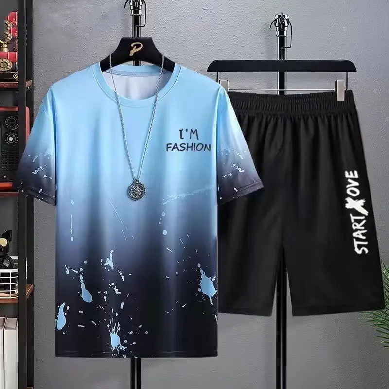 

Men's Casual Sports Suit2022Summer New Handsome Matching Shorts Korean Style Large Size Loose Ice Silk Short Sleeve