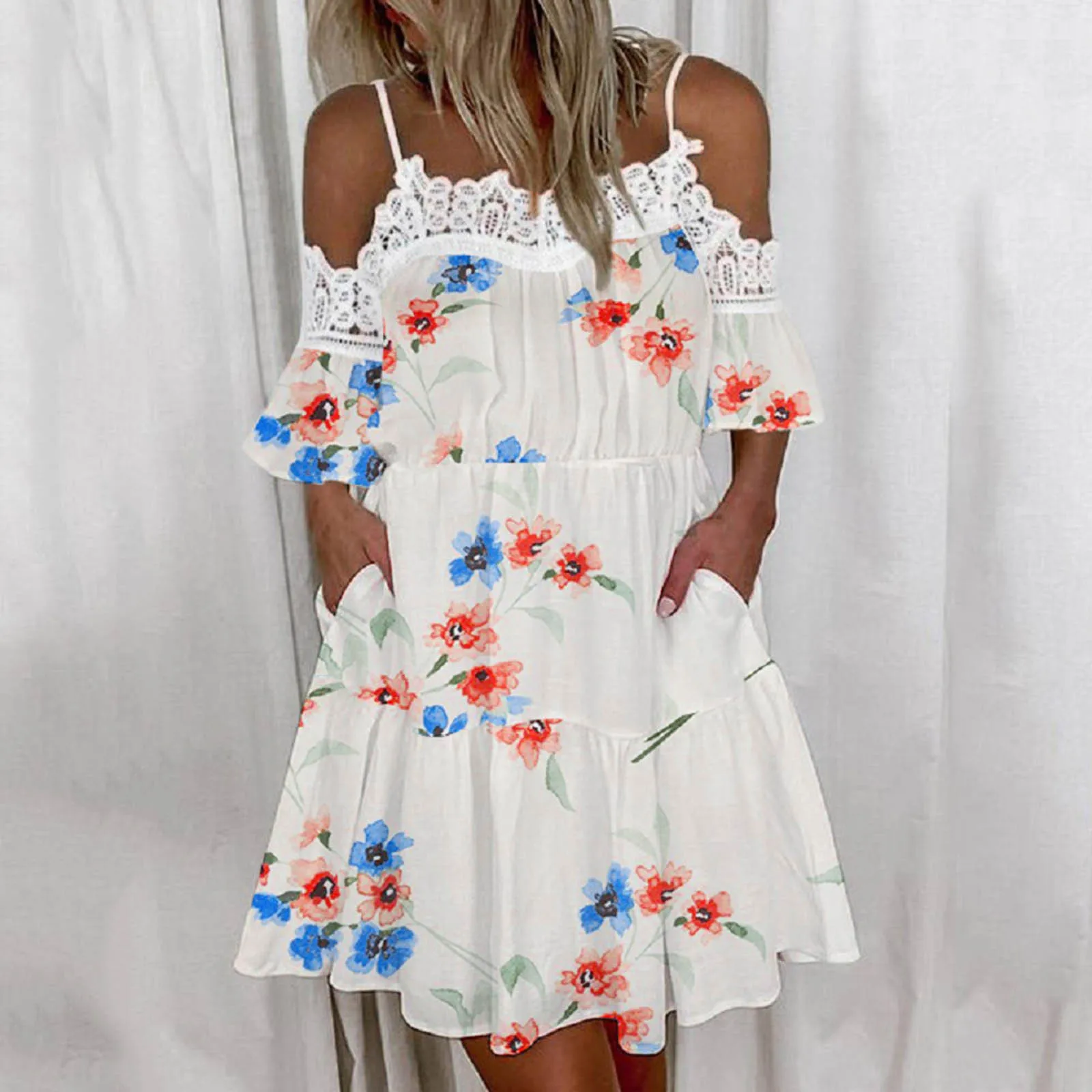 

Mother Dresses Ladies Casual Summer Sling Chiffon Off Shoulder Ruffle Pocket Womens Casual Fit And Flare Floral Sleeveless Dress
