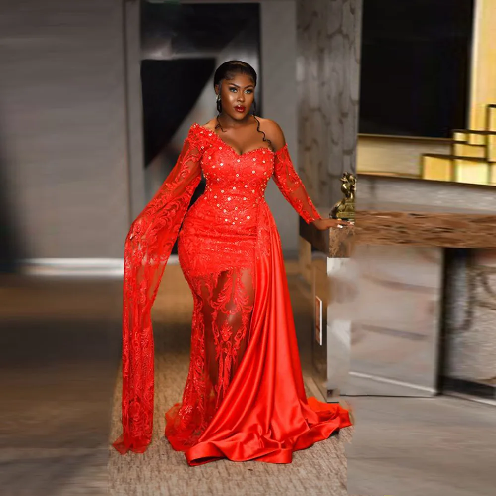 Красные кружевные платья с открытыми плечами для выпускного вечера африканские