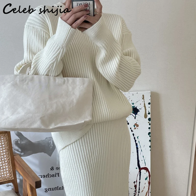 

Chic Sweater and High Waist Skirt Women Winter Thicken Knitted 2 Piece Sets Korean Apricot Elegant Woolen Two Piece Sets Autumn