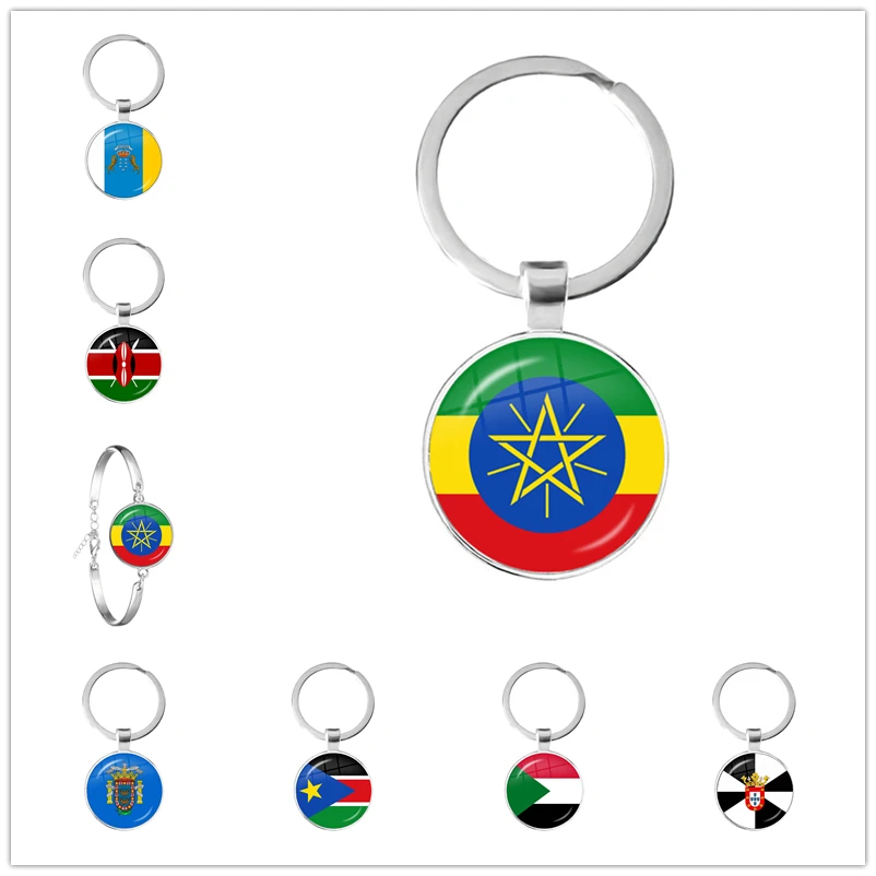 

LE Ethiopia Islas Canarias Kenya Sudan Madeira Melilla South Sudan Ceuta Seychelles Glass Cabochon National Flag Keychain Gift