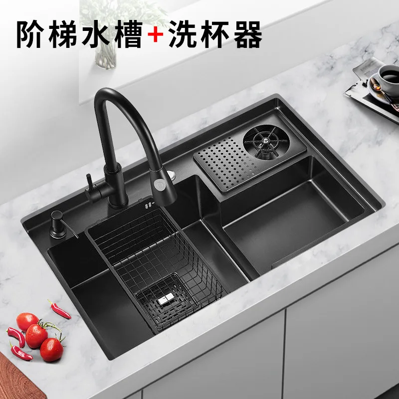 

78*48cm Nano 304 stainless steel stepped sink kitchen wash basin cup washer under the counter basin island cafe bar