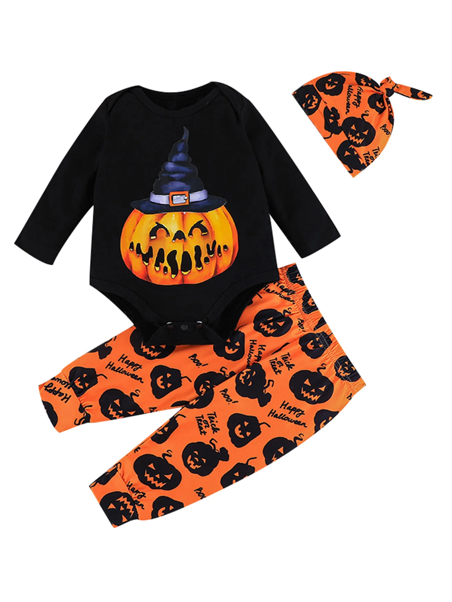 

Caoirhny 3pcs Newborn Baby Three Piece Halloween Outfits Set Lettering Pumpkin Pattern Romper Elastic Waist Pants Matching Hat