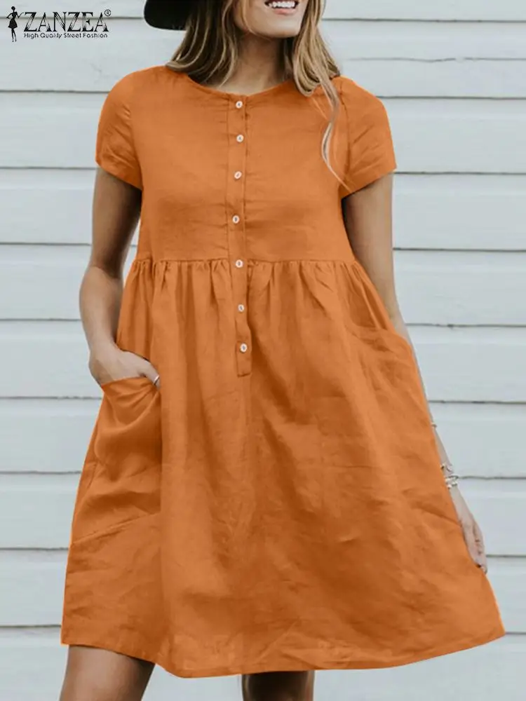 

Short Sleeve Solid Color O-Neck Dress Pockets ZANZEA Summer Buttons Sundress Bohemian Elegant Casual Loose Cotton Beach Vestidos
