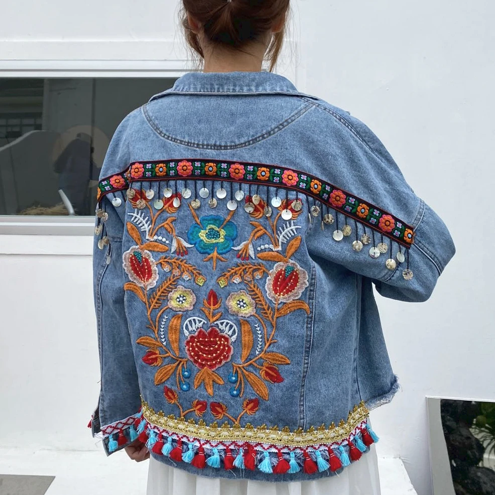 Винтажные осенние куртки с блестками и аппликацией кисточками цветочной