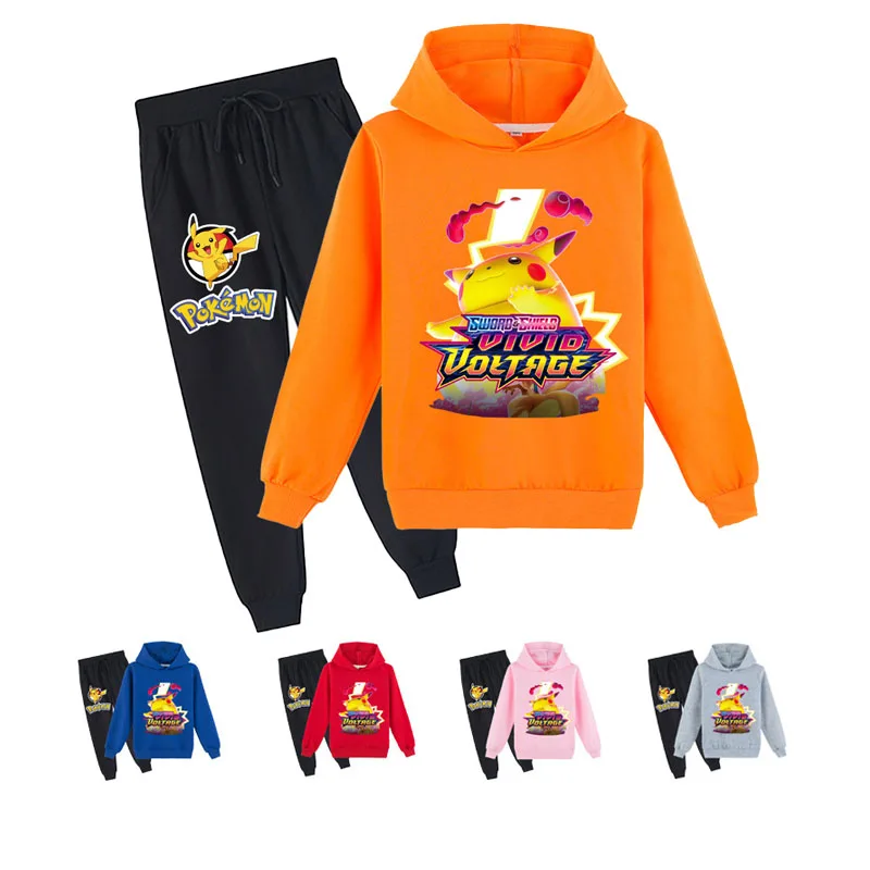 

Pokemon Cartoon Children's Kawaii Clothing Spring and Autumn Printing O-Neck Shirt Hoodie Top + Leggings Trousers Two-piece Set