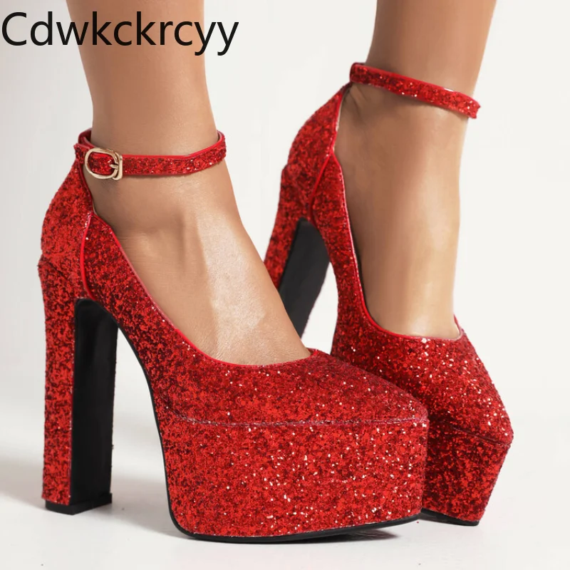 

Туфли женские на высоком каблуке, заостренный носок, пикантные, блестящие, с закрытым носком, пряжка, туфли на толстом каблуке, весна-осень