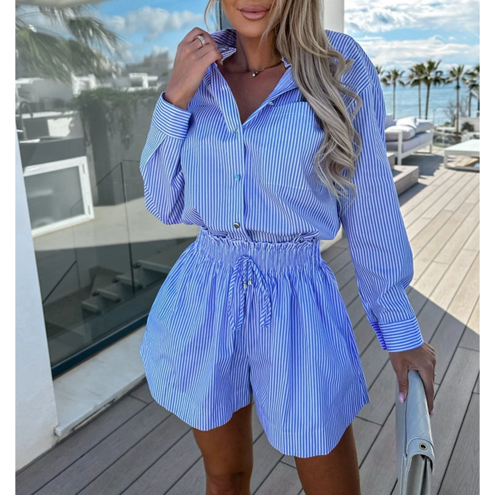 Women Casual Office Long Sleeve Sweet Blue Striped Blouse Shirt & Frill Bow Shorts Set Summer Pocket Vacation Workwear Suit Set