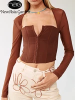 newasia mesh corset top boned cut out see through long sleeve top single breasted patchwork elastic blouses autumn women shirt