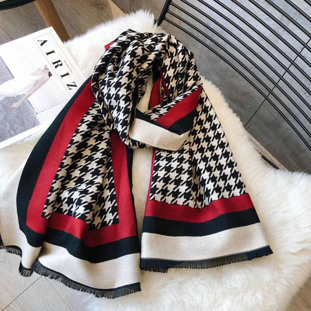 

2022 New Product FemaleScarf Dual-use Double-sided Warmth and Thick Imitation Cashmere Korean Version of Wild Houndstooth Scarf