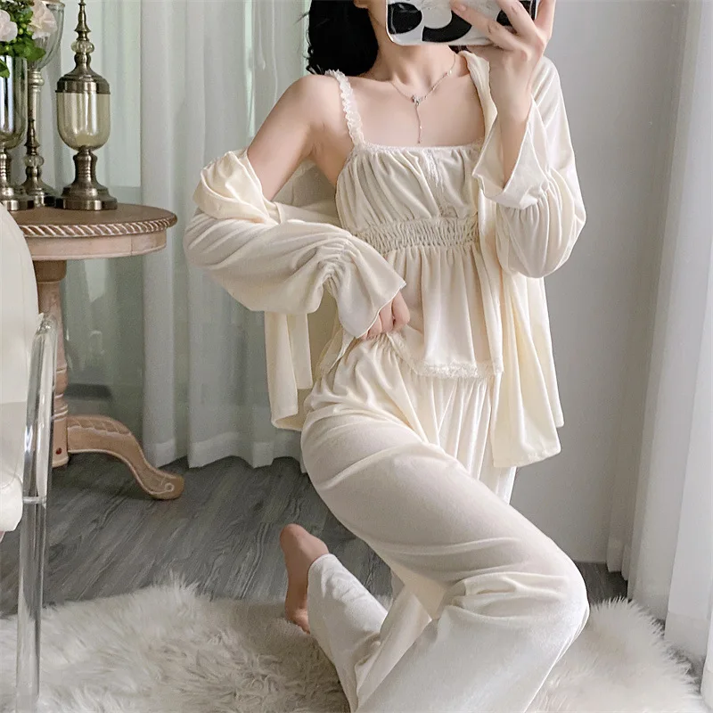 Женский теплый велюровый комплект брюк из 3 предметов теплая бархатная ночная