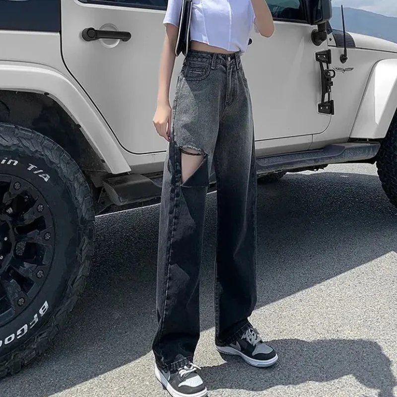 Women's Spring and Autumn 2021 New Loose Thin Drape Wide-leg Mopping Pants Black High-waist Ripped Straight-leg Classic Jeans