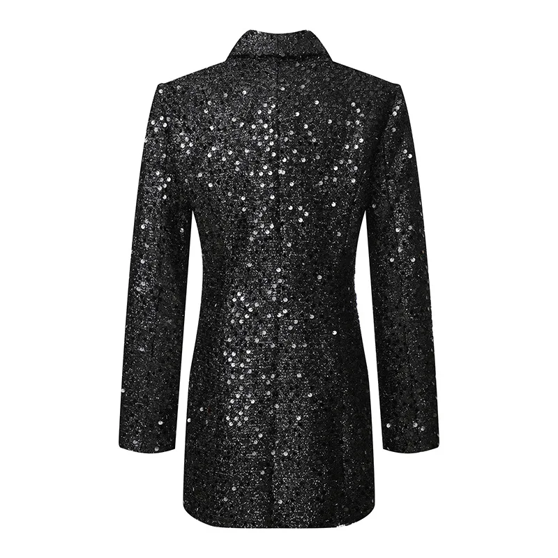 Women Shawl Lapel Shiny Sequins Suit Jacket Female Double-breasted Long Coat Slim Fit Black Autumn New Fashion Elegant Blazers enlarge