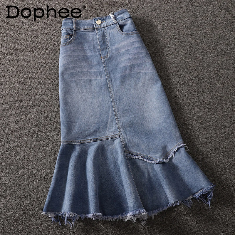 

Korean Tassel Stitching Fishtail Denim Skirt Women's High Waist Slimming A- Line Sheath Midi Skirt Trendy 2022 Spring New Faldas