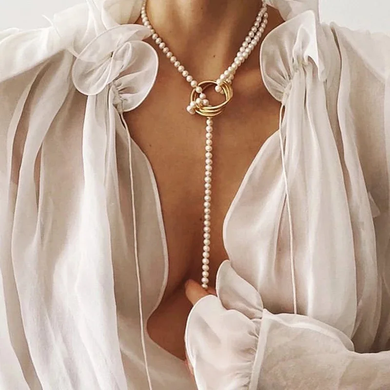 

Pearl Pendants Necklace for Women Camellia High Quality Double Layers Long Chains Collares De Moda Number Flower Party Jewelry