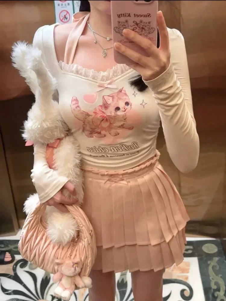 

HOUZHOU Kawaii Sweet Harajuku T Shirts Women Japanese Fashion Sexy Lace Y2k Cute Cat Print Bandage Slim Tees Tops Preppy Style