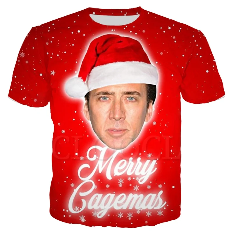

Рождественская футболка с изображением гигантского лица Николаса Кейджа, мужские и женские забавные повседневные топы с 3D-принтом
