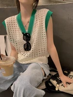 v neck hollow out knitted vest sleeveless summer style top fashion blouses 2022 cheap vintage clothes for women female clothing