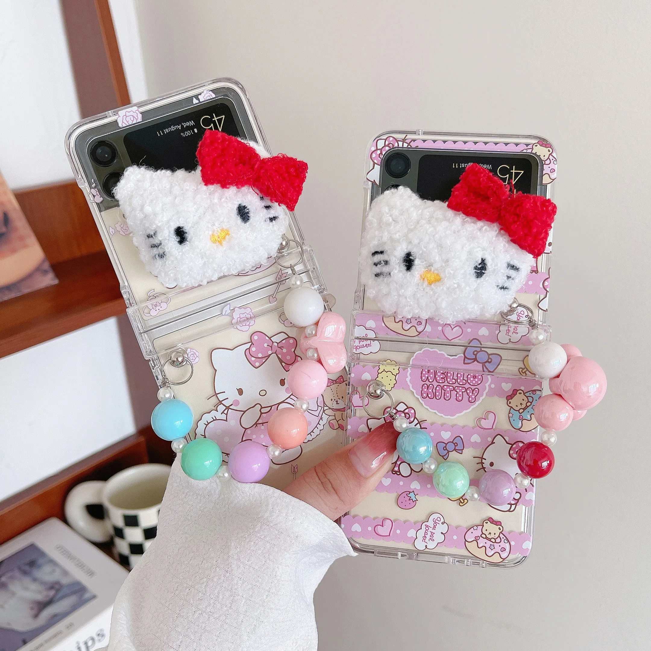 Чехол для телефона Sanrio с 3D куклой Hello kitty и жемчужной цепочкой чехол Samsung Galaxy Z Flip 3 4