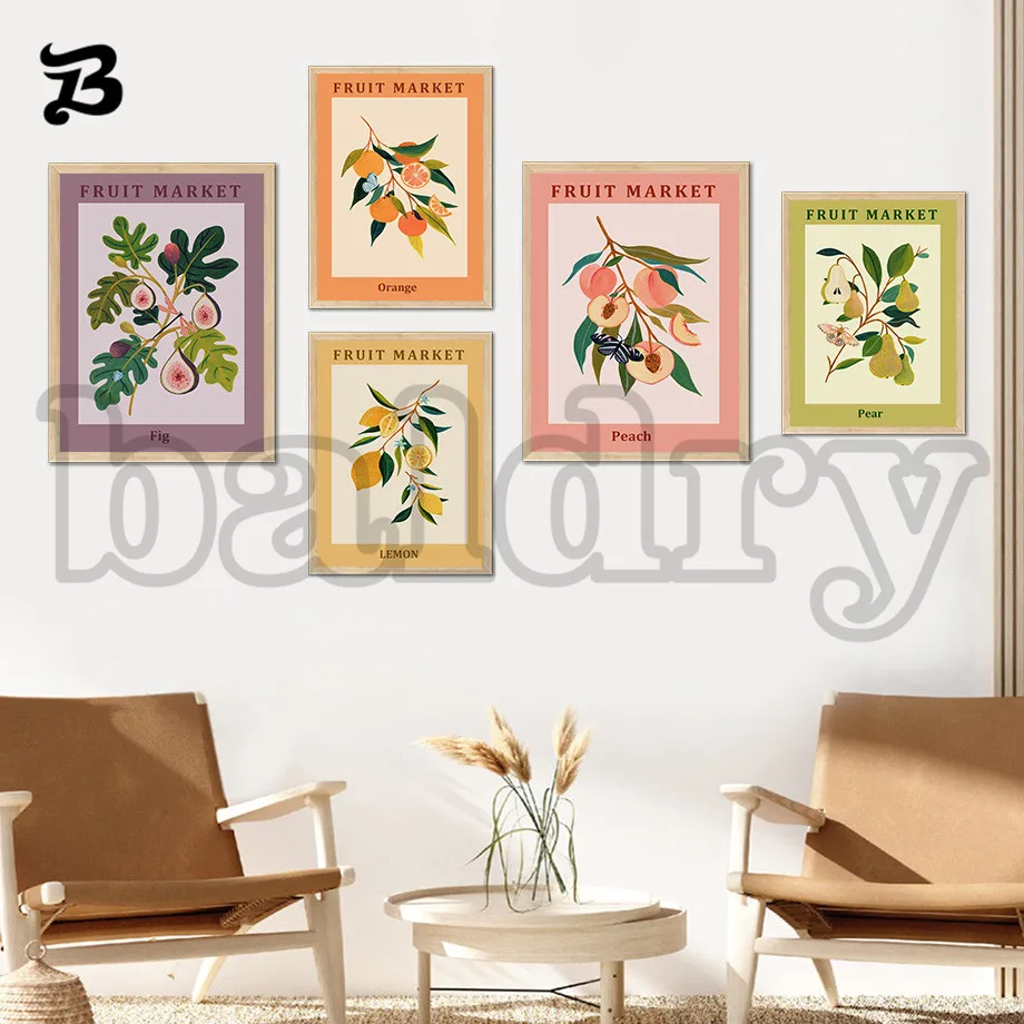 

Fruit market colorful canvas painting pear fig peach lemon wall art nordic modern poster print suitable for living room decor