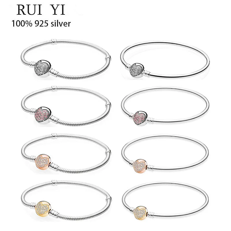 

Authentic S925 Sterling Silver Glittering Heart Chain Snake Bone Bracelet Women's Diy Jewelry Original Charm