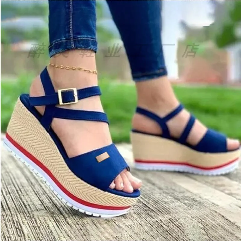Women Wedge Sandals Summer Peep Toe New Plus Size 43 Female Shoes Solid Color Backstrap Comfortable Casual Women's Sandals