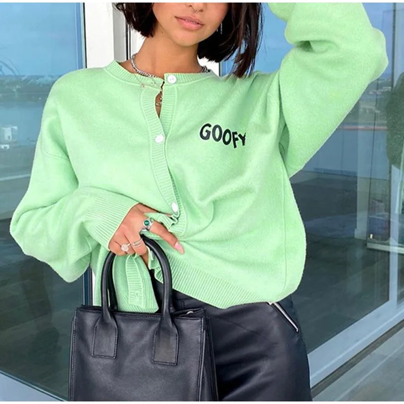 

Autumn Knitting Sweater Women Letter Embroidery Button Loose Long Sleeve Cardigan Green Elegant Casual Young Lazy Style Tops