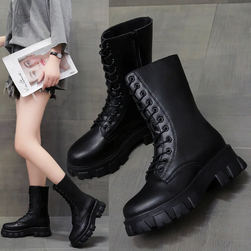 Autumn Winter New Women Boots Motorcycle Platform Boots Woman PU Leather Plus Size Shoes Ladies Casual Fashion Boots Female