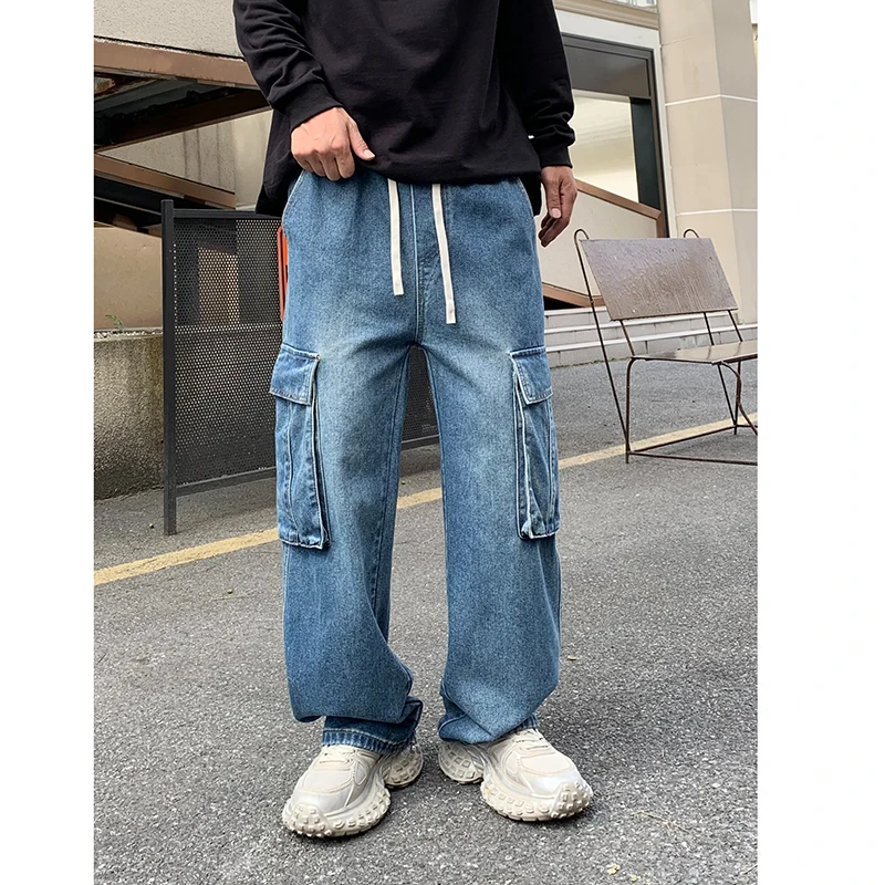 Мужские винтажные джинсы свободные прямые с большими карманами осень 2024