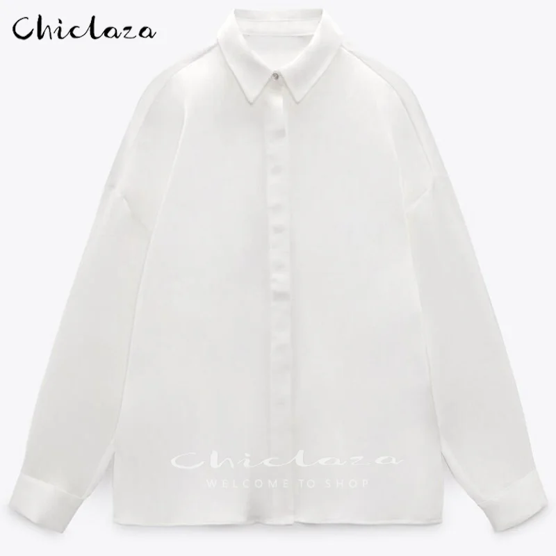 

CHICLAZA 2022 Spring Women Fashion Satin Shirt Casual White Long Sleeves Female Loose Blouse Tops