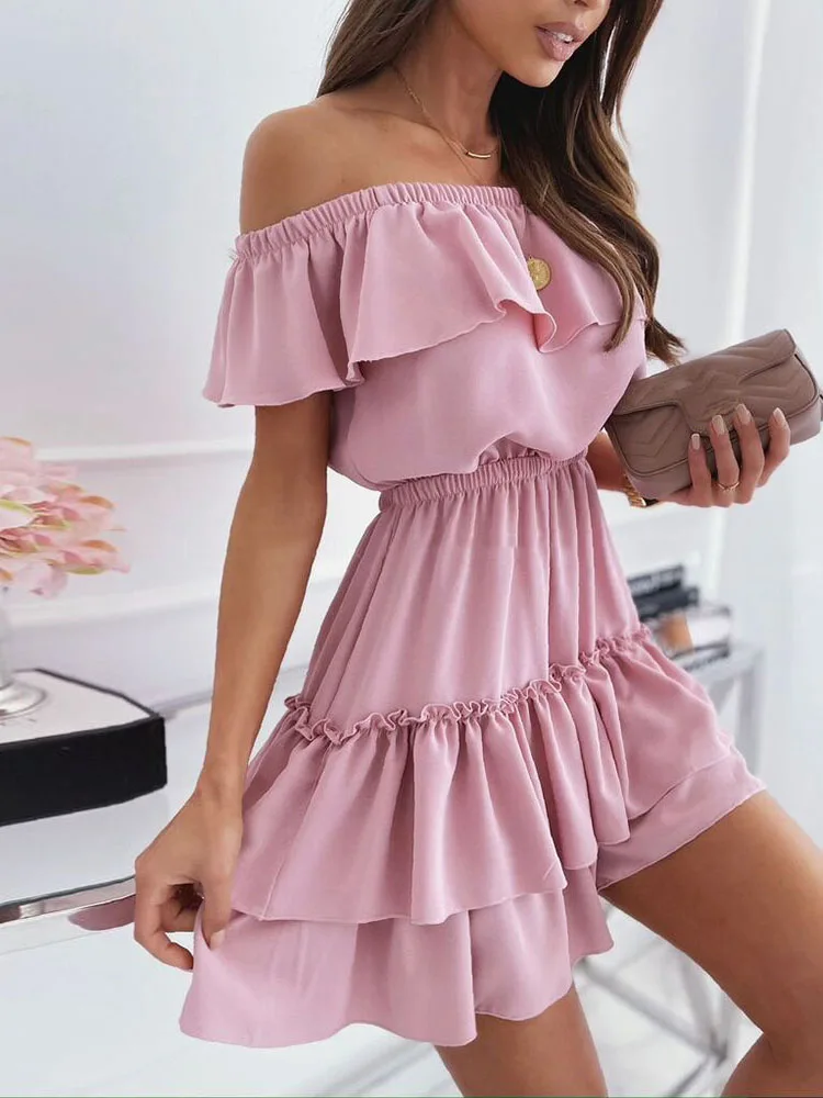 

Casual Fashion Pink Slash Neck Mini Dress Women 2022 Summer Sexy Off-shoulder Ruffle Stitching Clothing Elegant Party Dresses