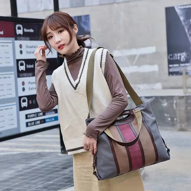 

Women Canvas Shoulder Bags Fashion Messenger Bags Casual Beach Bag Striped Shopping Tote Handbag