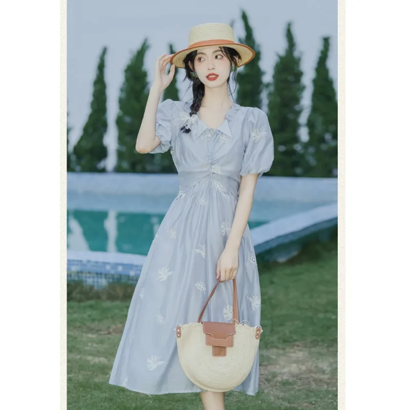 

Summer Women's Retro French Commuter Art Design Sense Embroidered Doll Leading Hong Kong Style Elegant Dress