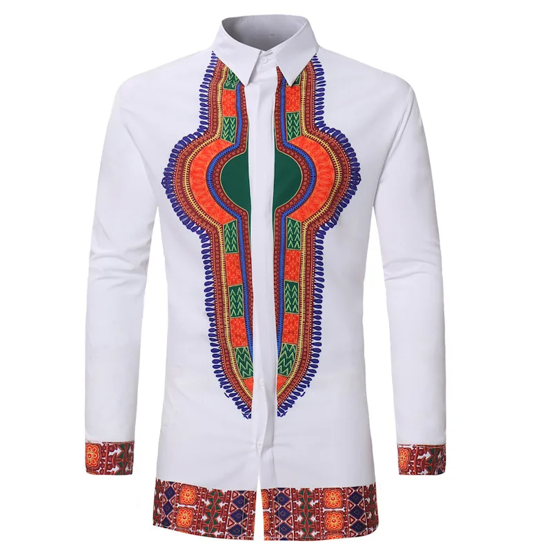 

African Dashiki White Men's Long Sleeve Shirt African Traditional Print M-3XL