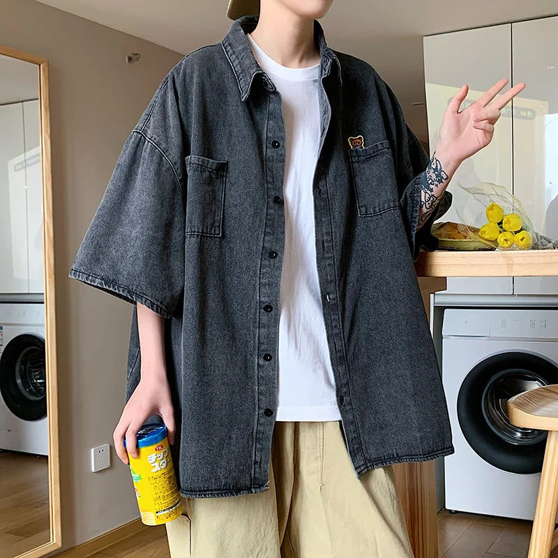 

Privathinker, джинсовые мужские рубашки с коротким рукавом, модные повседневные однотонные мужские корейские летние блузки для пар, большие Топы