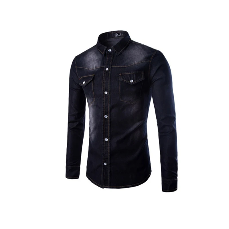 Casual Men Denim Shirts Slim Fit Long Sleeved Shirt Fashion Spring Autumn Single Breasted Cotton Pockets Elastic Denim Shirts