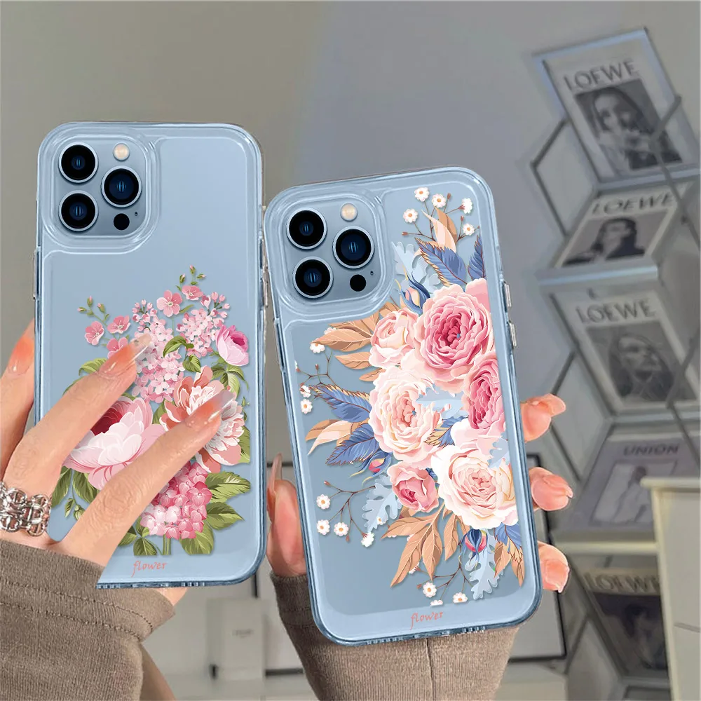 

Flower Phone Case for Iphone 14Pro 13 12 Mini 11 Pro Max Cover for Iphone XS X XR Transparent PC+TPU Protection Shell Fundas
