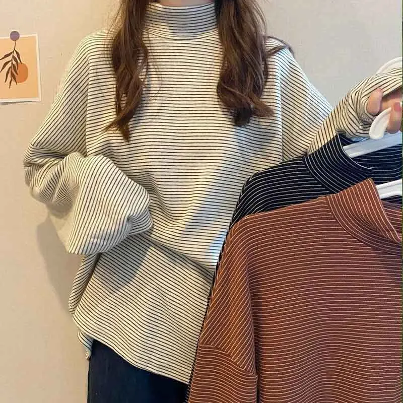 

Zoki Autumn Women Stripe Mock Neck Sweater Fashion Long Sleeve Preppy Chic Inside Pullover Korean Loose Casual All Match Jumper