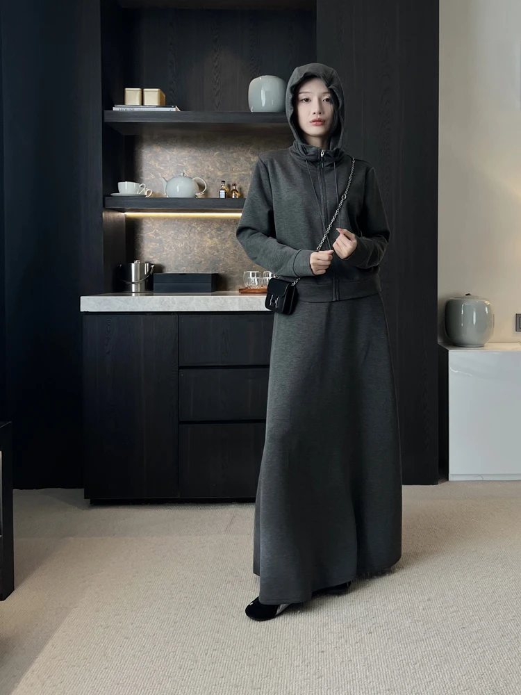 Осенняя одежда Темно-серый костюм-двойка Женская мода Спорт и отдых Толстовка с